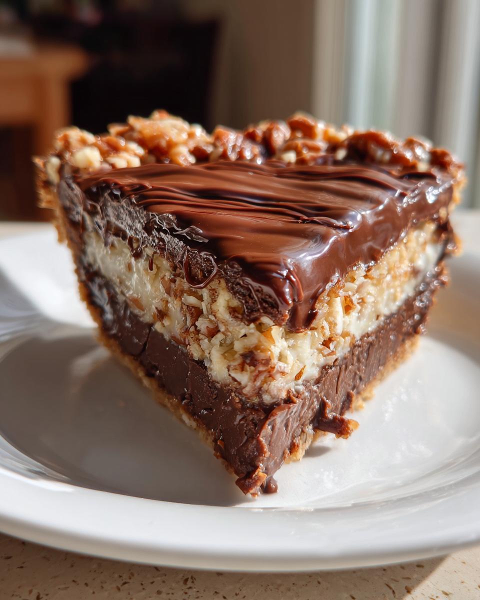 Close-up of a rich slice of no-bake German Chocolate Pie showing chocolate, coconut-pecan filling, and glossy topping.