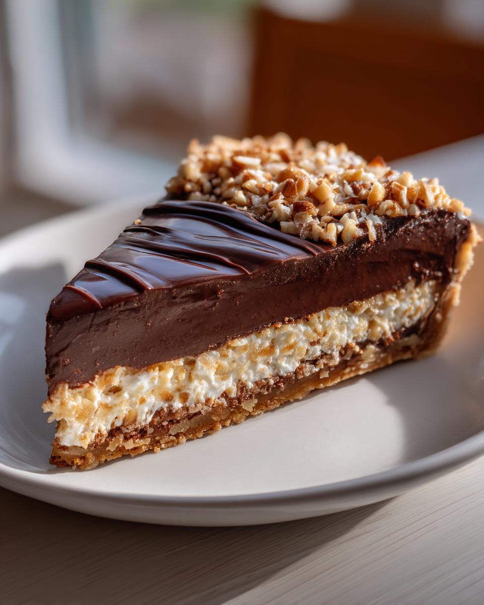 A decadent slice of no-bake German chocolate pie showing layers of crust, coconut filling, and rich chocolate topping with chopped nuts.