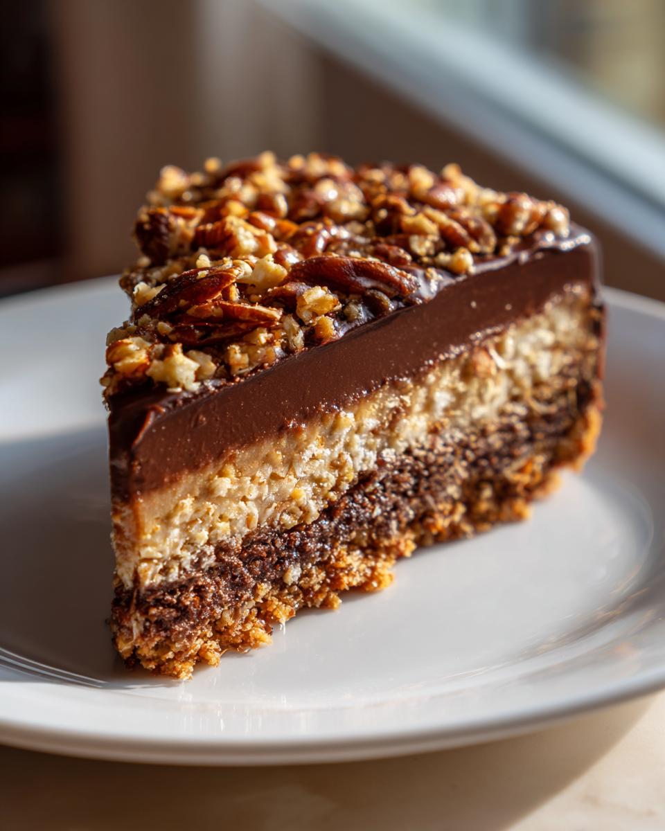 A tall, layered slice of no-bake German chocolate pie topped with rich frosting and toasted pecans.