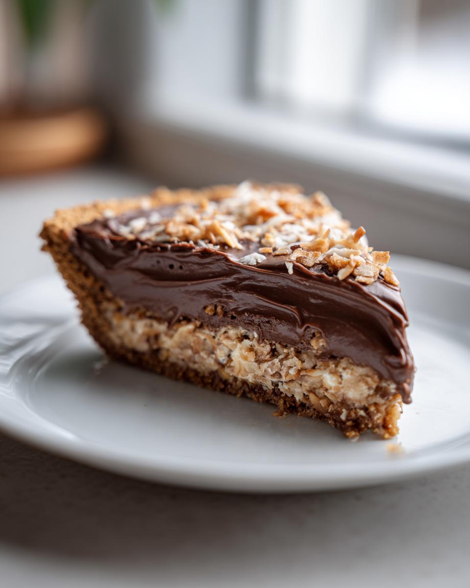 A close-up slice of no-bake German chocolate pie showing a graham cracker crust, coconut filling, and rich chocolate topping.