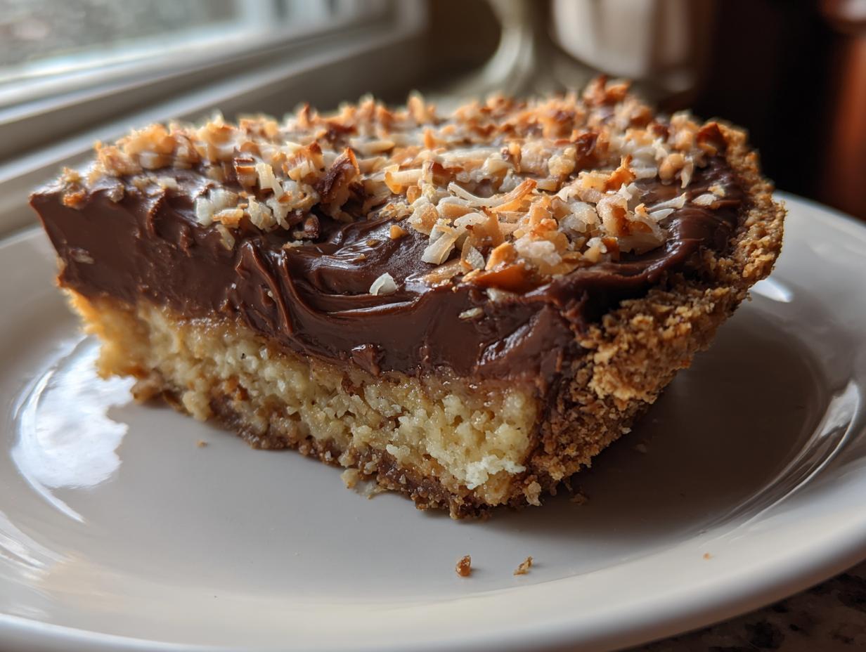 A close-up slice of no-bake German chocolate pie showing a thick chocolate layer and toasted coconut on top.