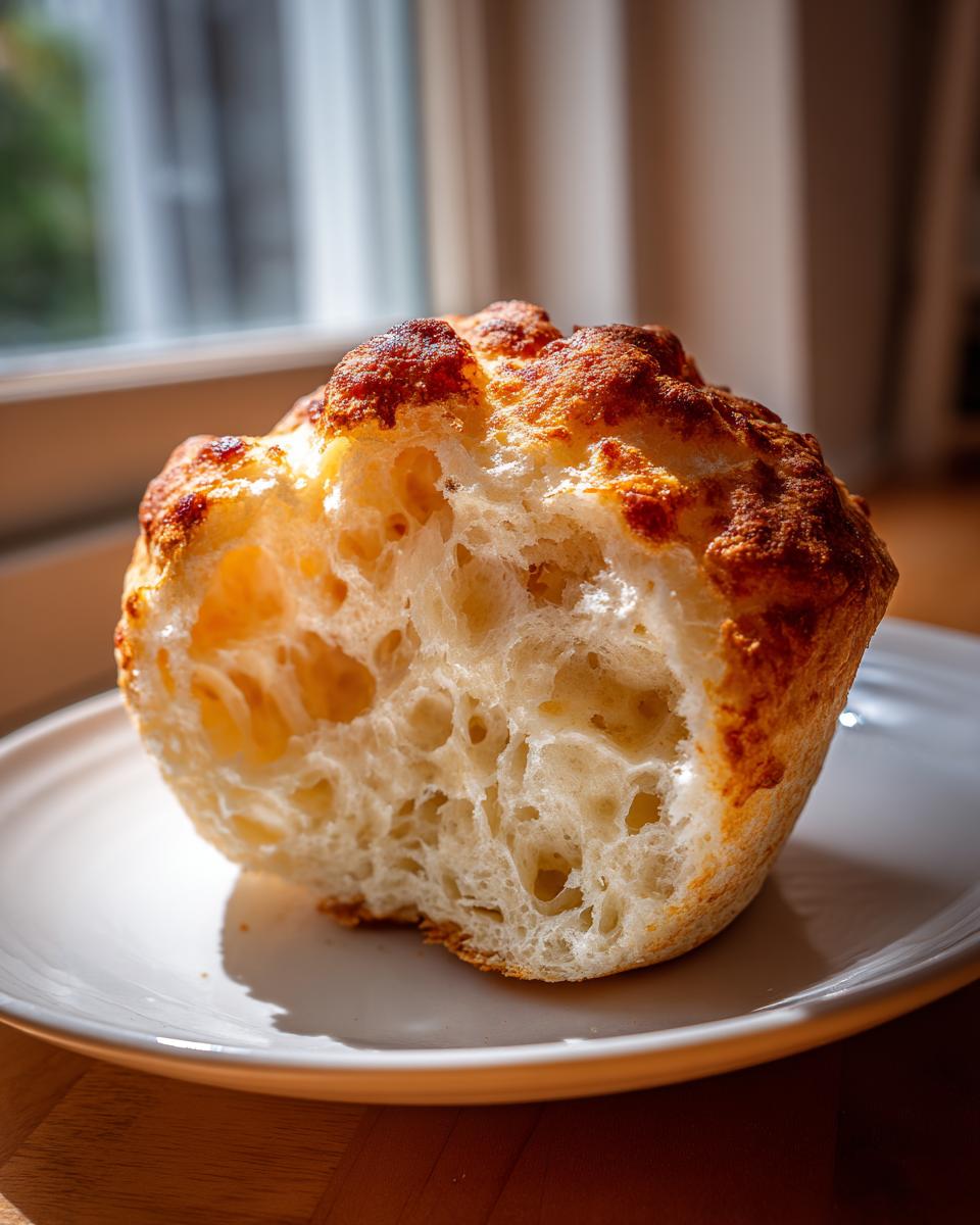Close-up of a homemade english muffin cut in half, showing the airy, holey interior texture.