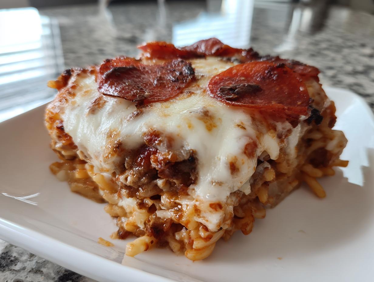 A hearty slice of one-pot pizza pasta casserole topped with melted mozzarella cheese and crispy pepperoni slices.