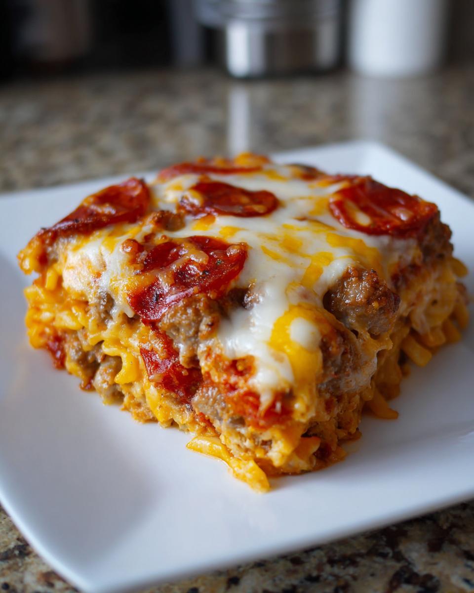 A square serving of baked pizza pasta layered with meat, sauce, melted cheese, and pepperoni slices.