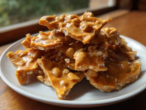 A stack of golden brown, broken pieces of homemade peanut brittle recipe piled on a white plate.