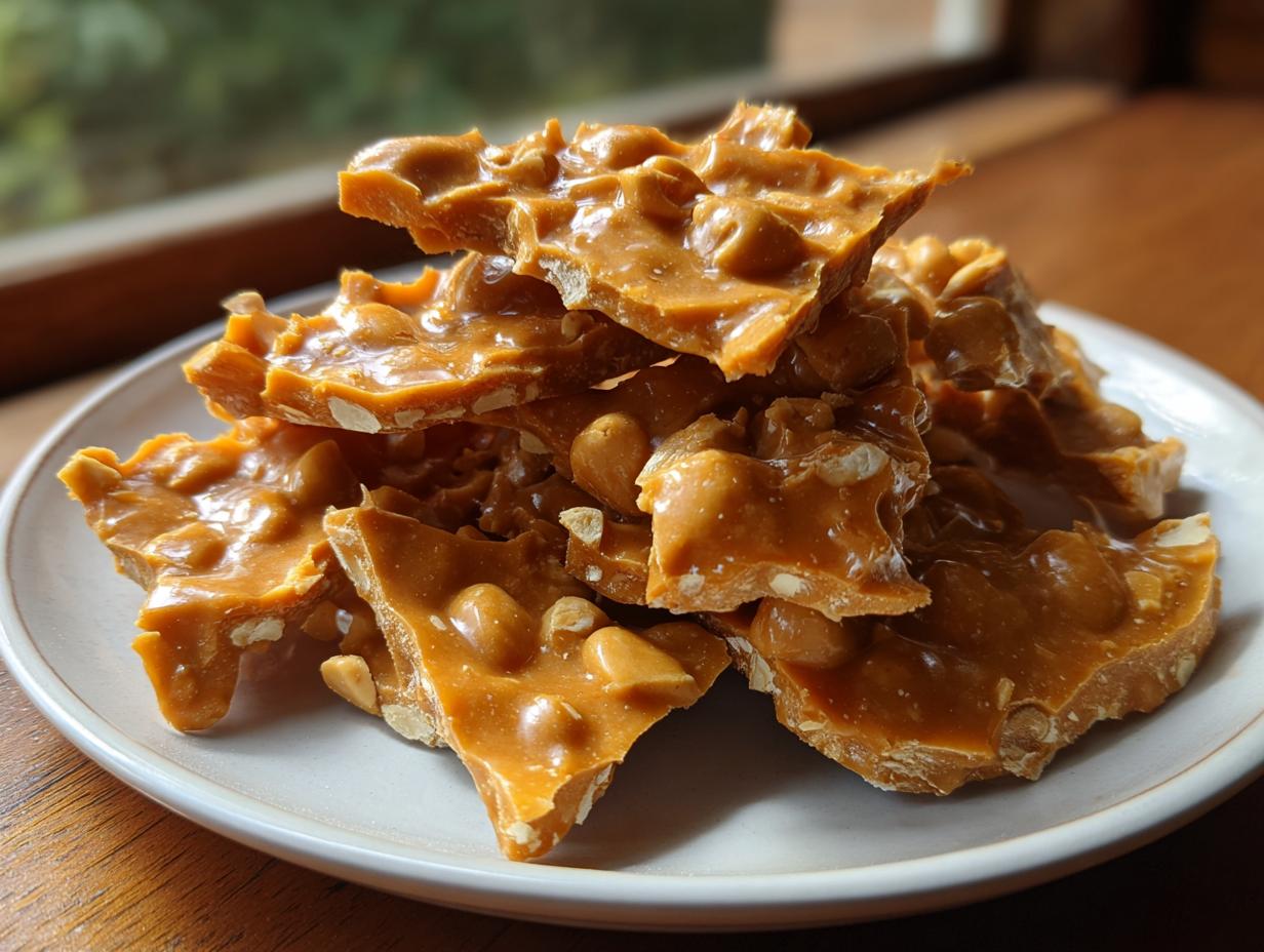 A stack of golden brown, broken pieces of homemade peanut brittle recipe piled on a white plate.