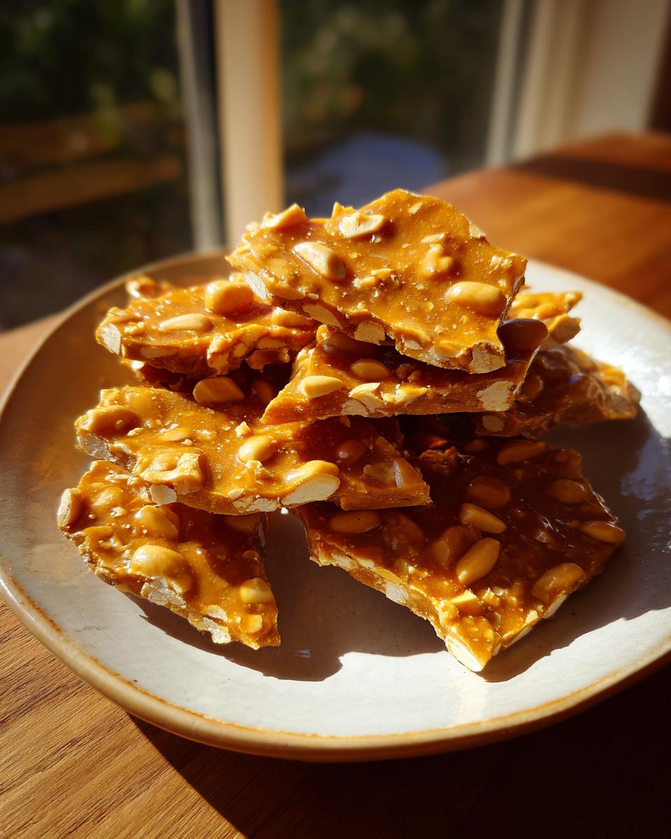 A stack of broken, golden peanut brittle recipe pieces piled on a light ceramic plate.