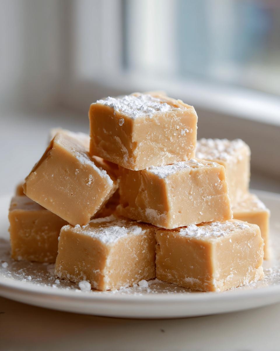 A stack of creamy, light brown peanut butter fudge squares dusted lightly with powdered sugar on a white plate.