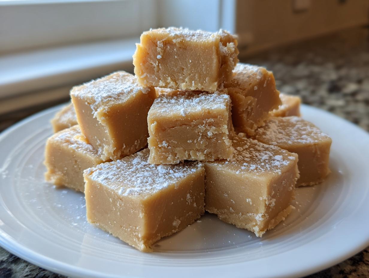 A stack of creamy, light brown peanut butter fudge squares dusted lightly with powdered sugar, sitting on a white plate.