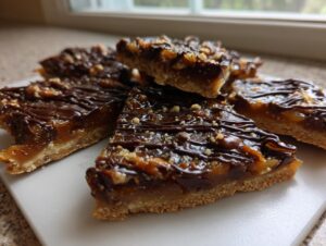 Several squares of rich Pecan Pie Bark featuring a thick caramel layer, pecans, and a dark chocolate drizzle.