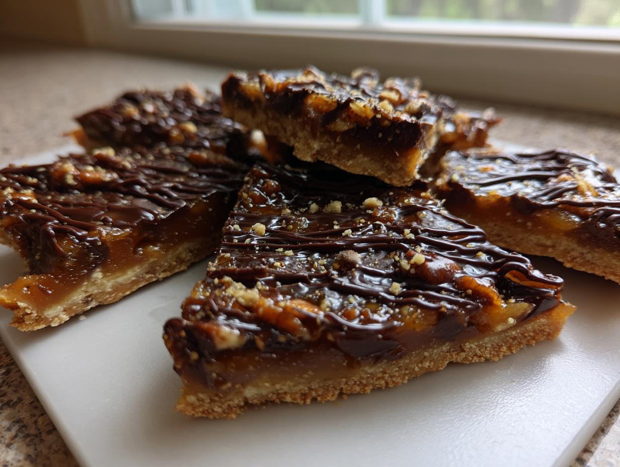 Several squares of rich Pecan Pie Bark featuring a thick caramel layer, pecans, and a dark chocolate drizzle.