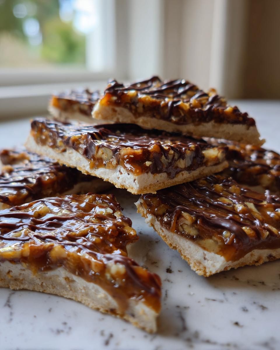 Close-up of stacked slices of homemade Pecan Pie Bark featuring a thick crust, gooey pecan topping, and dark chocolate drizzle.