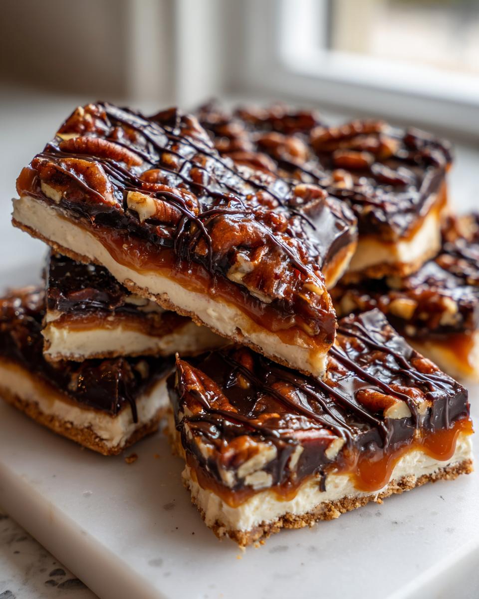 A stack of rich, layered Pecan Pie Bark squares topped with caramel, pecans, and a chocolate drizzle.