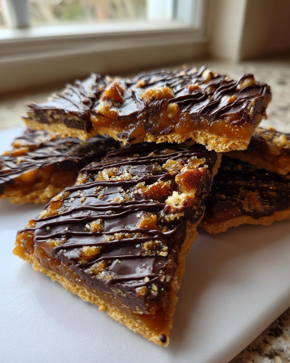 A stack of rich, layered Pecan Pie Bark squares topped with caramel, pecans, and drizzled dark chocolate.
