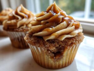 Close-up shot of one pecan pie cupcakes topped with piped frosting and drizzled with caramel sauce.
