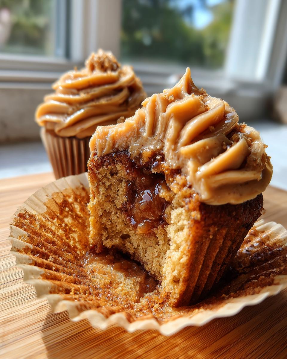 Close-up of a pecan pie cupcake cut in half showing gooey filling, topped with caramel frosting.