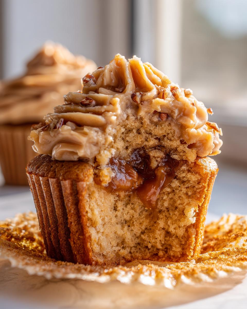 Close-up of a pecan pie cupcakes cut in half showing gooey filling and pecan frosting.