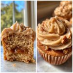 A split image showing a cross-section of a pecan pie cupcake with filling, and a close-up of another pecan pie cupcake with caramel frosting and pecans.
