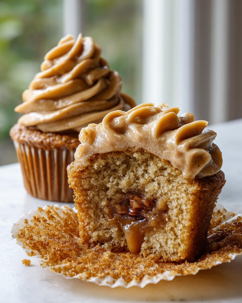 A close-up of a pecan pie cupcakes cut in half showing gooey caramel filling and topped with brown sugar frosting.
