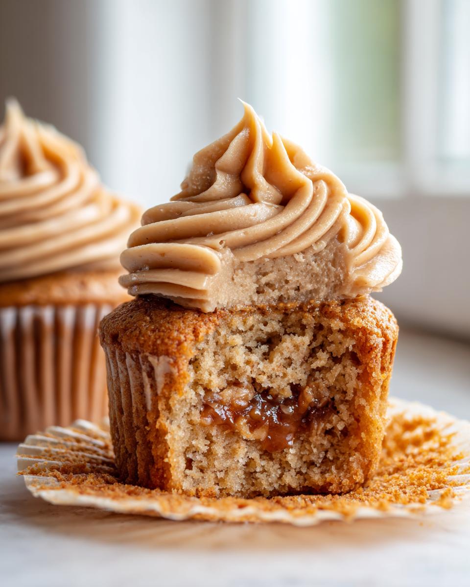 Close-up of a pecan pie cupcake cut in half showing the gooey pecan filling and topped with caramel frosting.