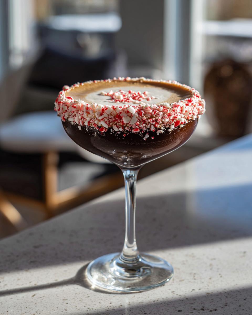 A dark peppermint espresso martini in a coupe glass with a crushed candy cane rim, sitting on a sunlit counter.