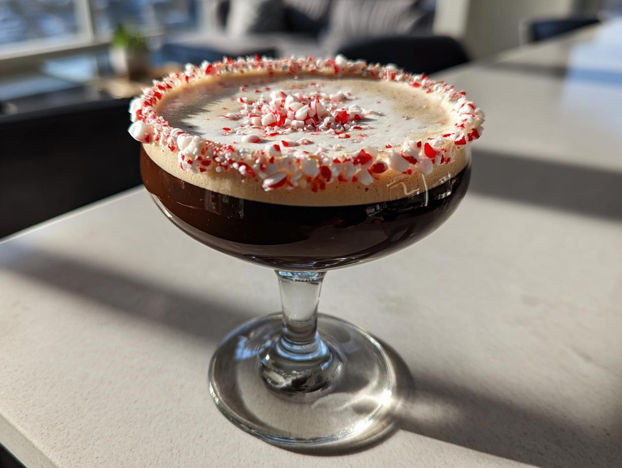 A rich peppermint espresso martini in a coupe glass, featuring a thick foam top and a rim coated in crushed candy canes.