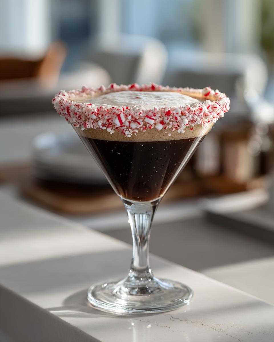 A festive peppermint espresso martini in a martini glass with a crushed candy cane rim.