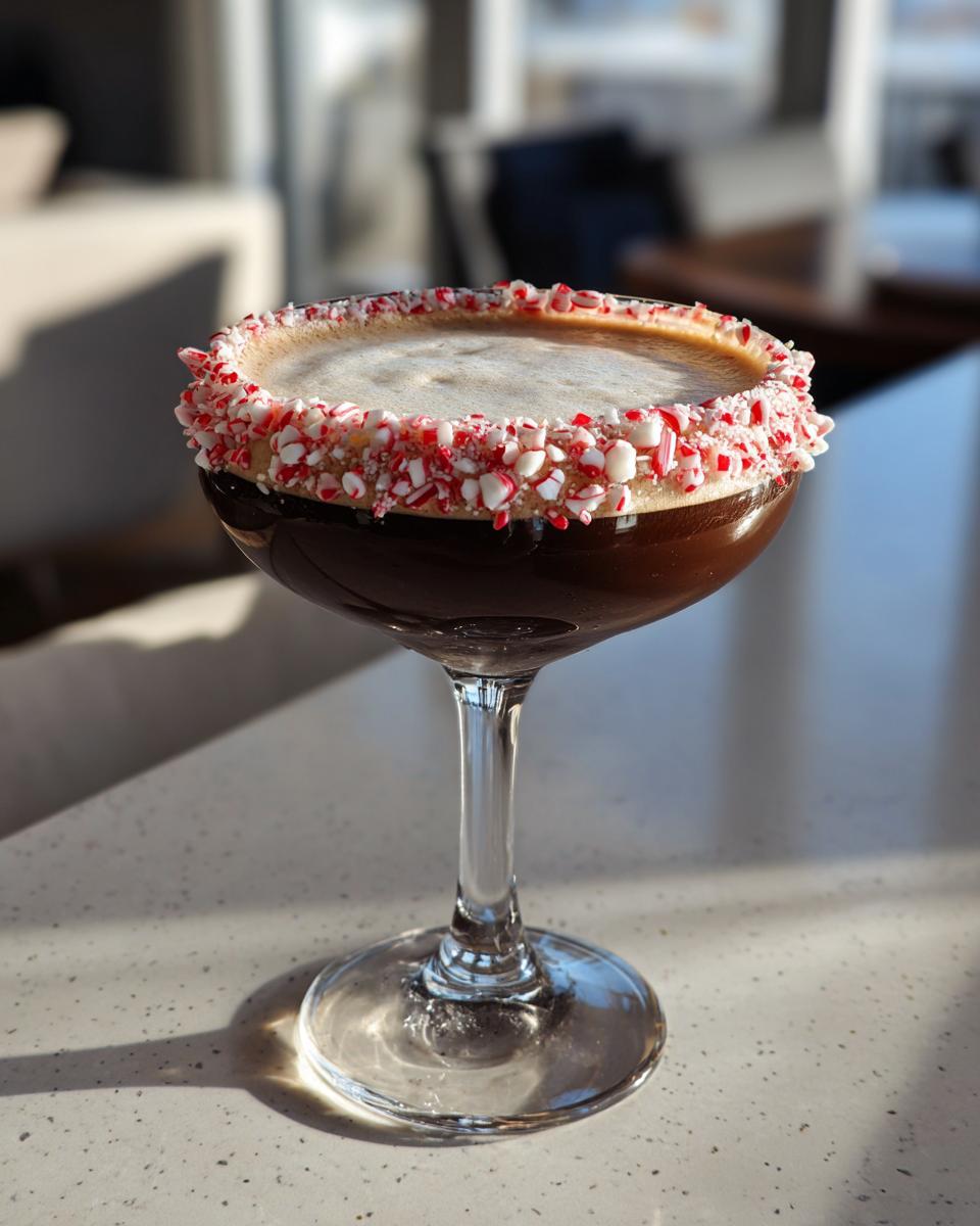 A festive peppermint espresso martini in a coupe glass with a thick rim of crushed candy canes.