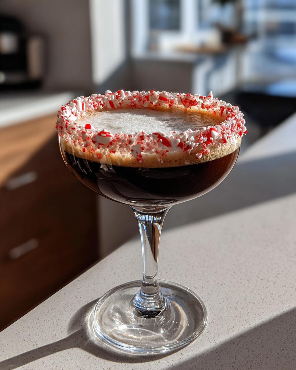 A festive peppermint espresso martini in a coupe glass with a thick rim of crushed candy canes.