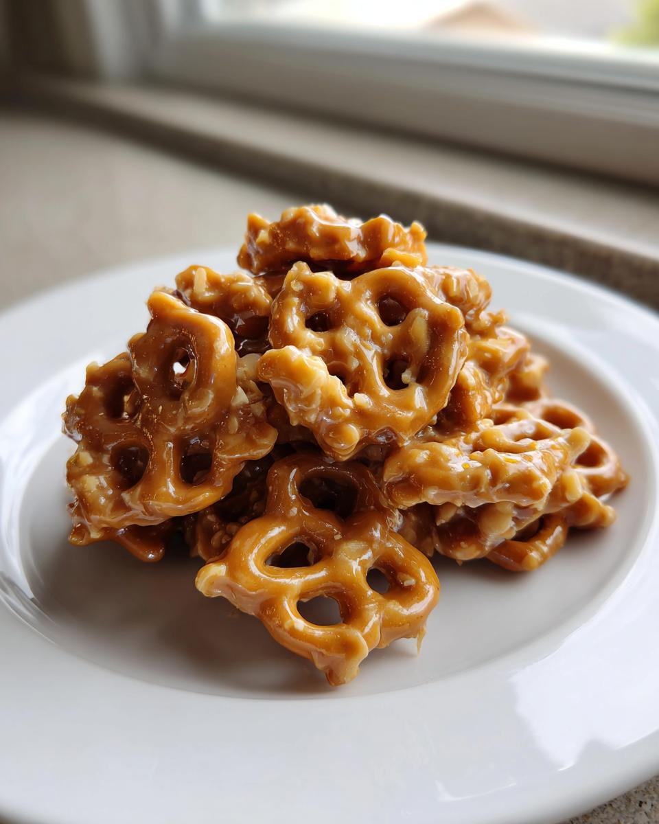 A close-up of a pile of crunchy, caramel-coated toffee pretzels served on a white plate.