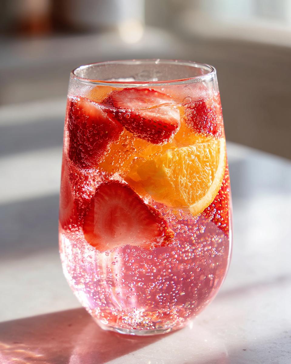 Close-up of a glass filled with pink champagne punch, sparkling liquid, strawberries, and an orange slice.
