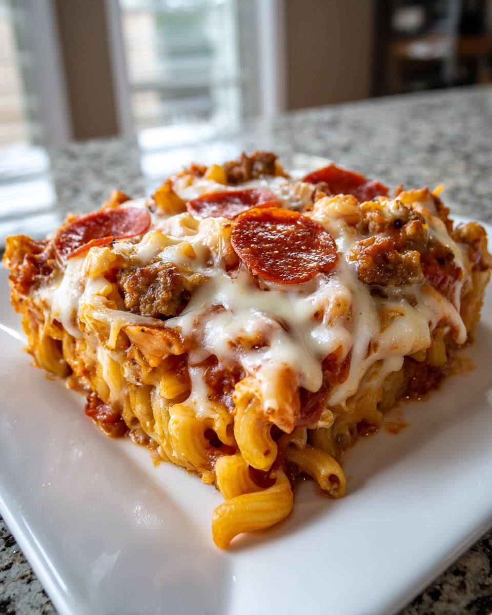 A square serving of baked pizza pasta casserole topped with melted mozzarella, pepperoni slices, and sausage.
