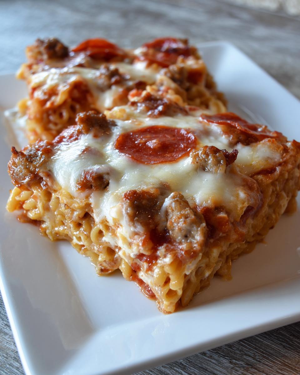 Two slices of baked pizza pasta casserole topped with melted mozzarella, pepperoni, and sausage served on a white plate.