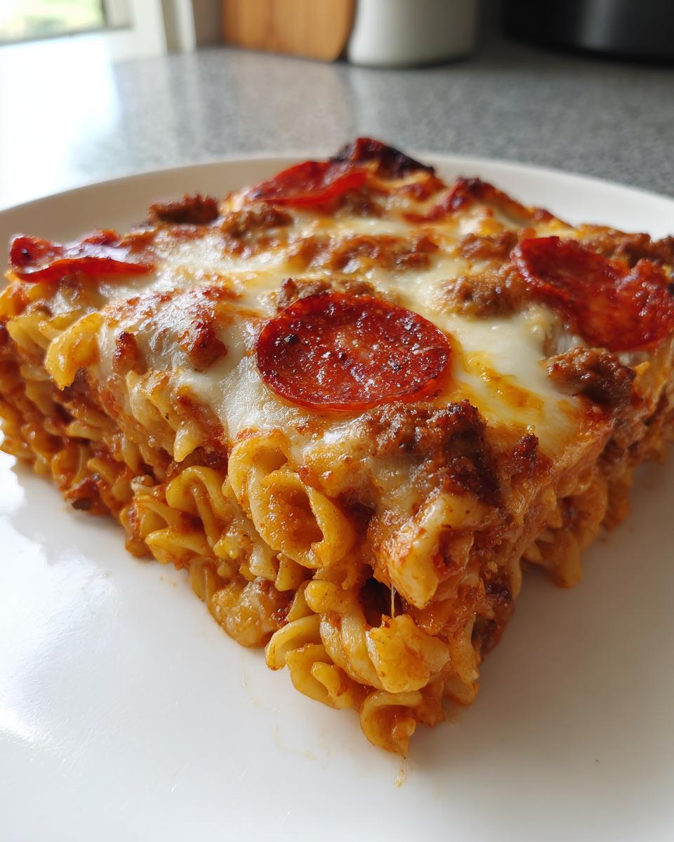 A hearty slice of baked pizza pasta casserole topped with melted cheese and pepperoni slices.