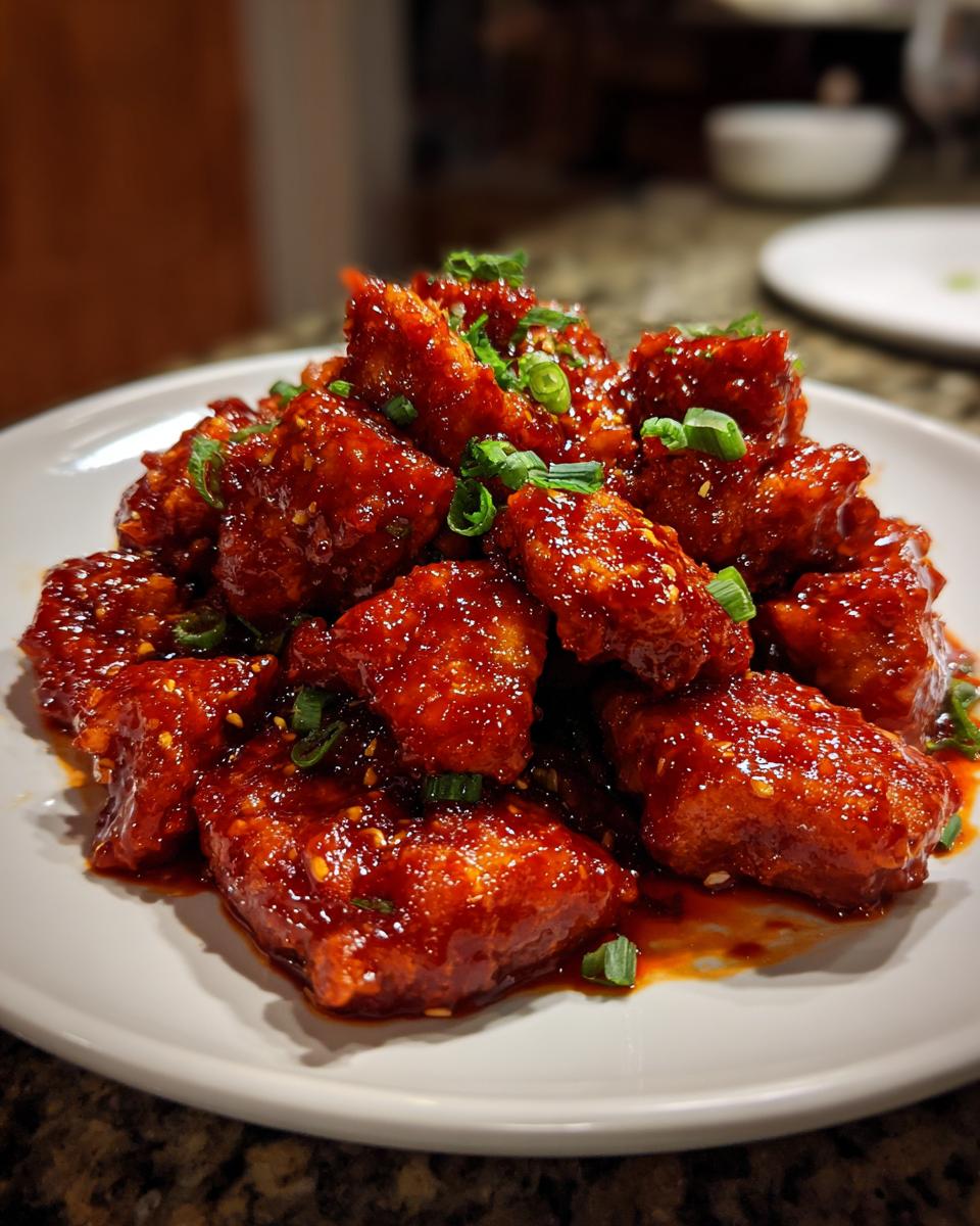 Close-up of crispy, saucy gochujang chicken pieces piled high on a white plate and garnished with green onions.