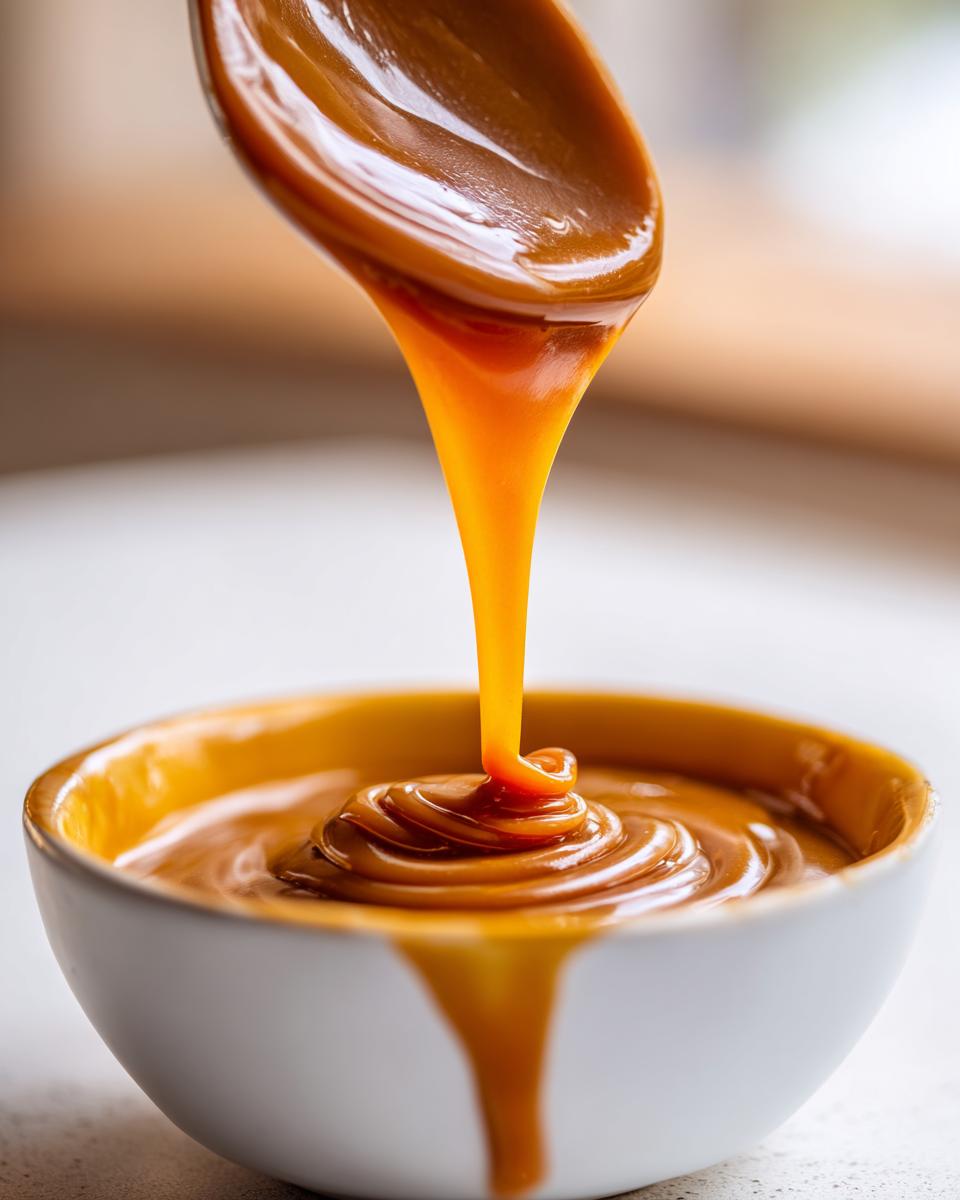 Close-up of thick, glossy caramel sauce being poured from a spoon into a small white bowl, creating swirls.