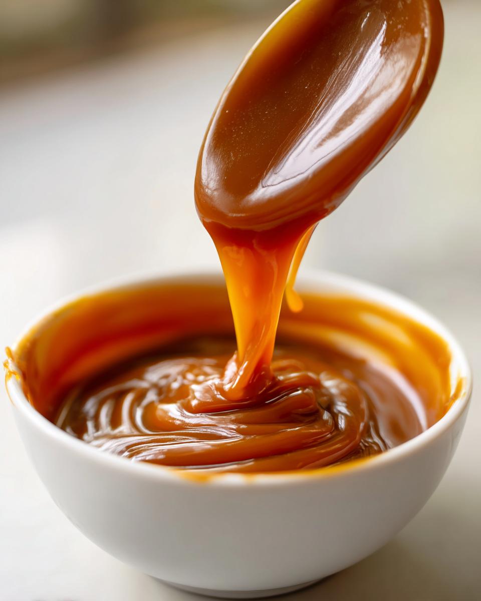A spoonful of thick, glossy homemade caramel sauce is being poured into a white bowl, showing its rich texture.