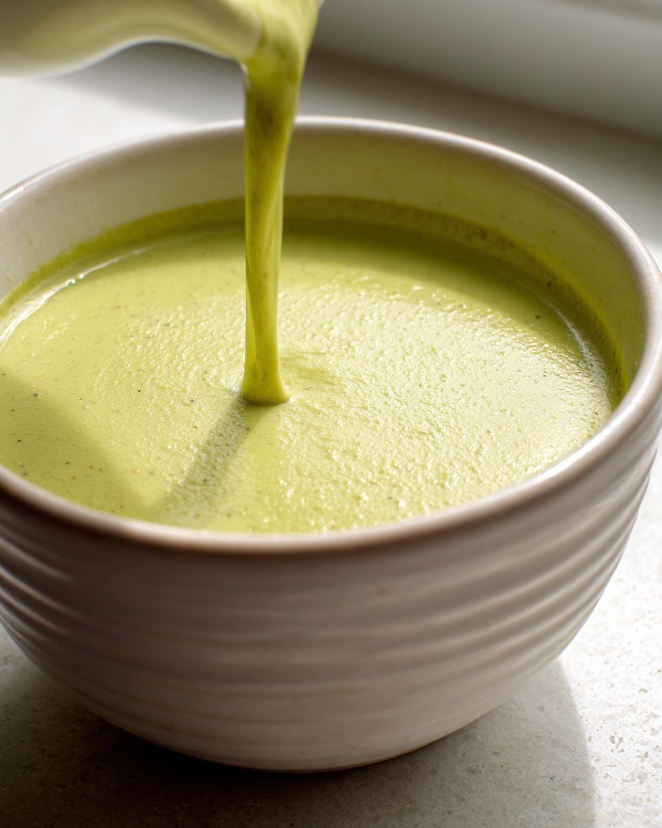 Close-up of thick, bright green celery soup being poured from a pitcher into a textured white bowl.