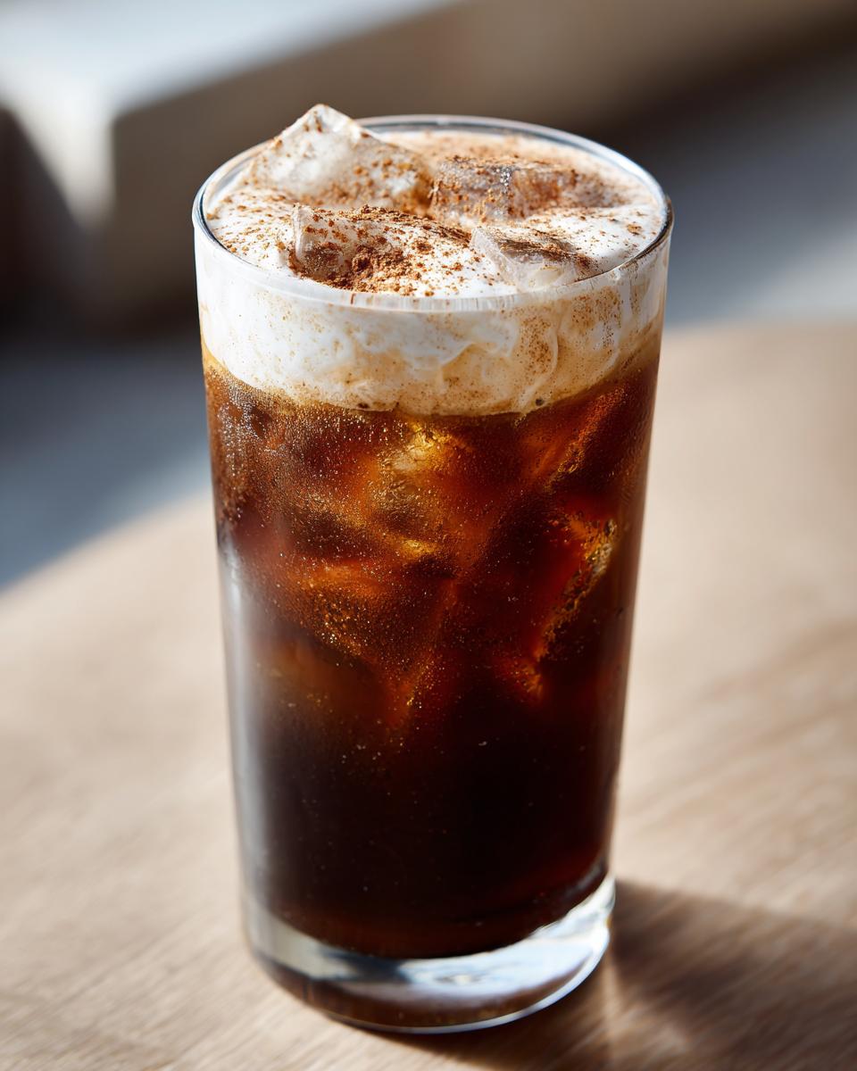 A tall glass filled with ice and dark cold brew coffee, topped with thick pumpkin cream and sprinkled with cinnamon, making a perfect pumpkin cream cold brew.