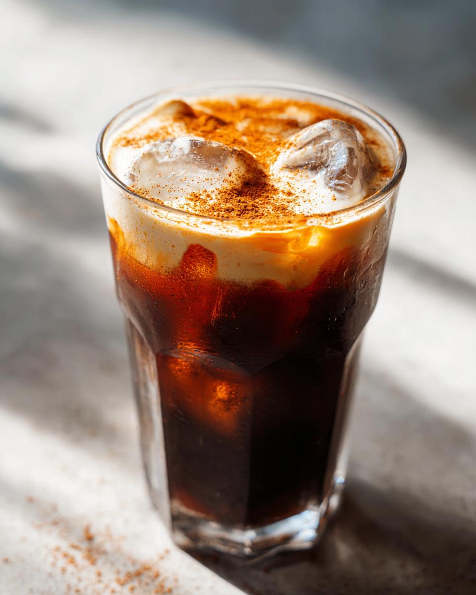 Close-up of a tall glass of pumpkin cream cold brew topped with ice and sprinkled with cinnamon.