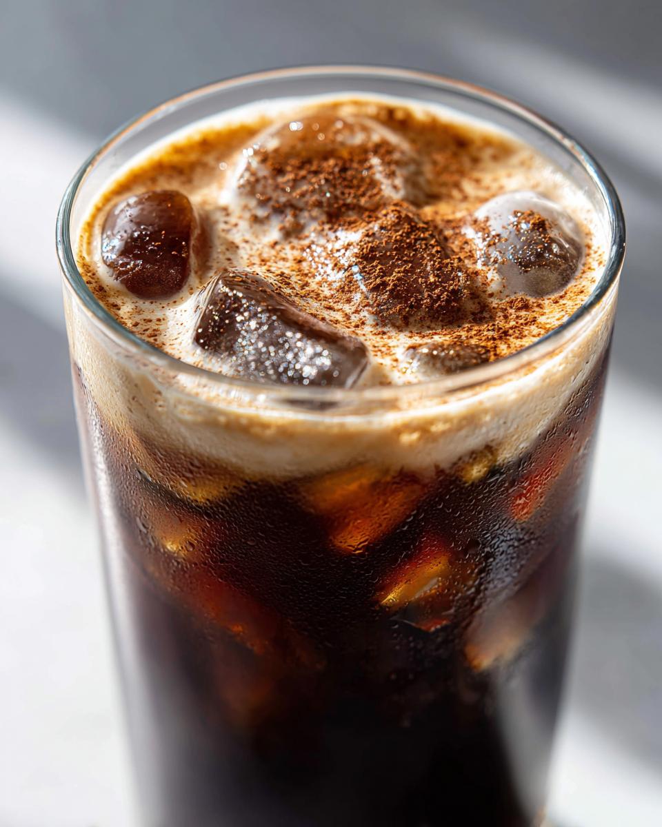 Close-up of a tall glass of pumpkin cream cold brew over ice, topped with foam and a dusting of spice.