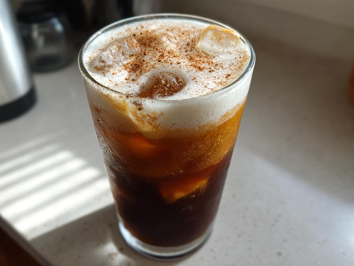 Close-up of a tall glass filled with iced pumpkin cream cold brew, topped with foam and cinnamon.
