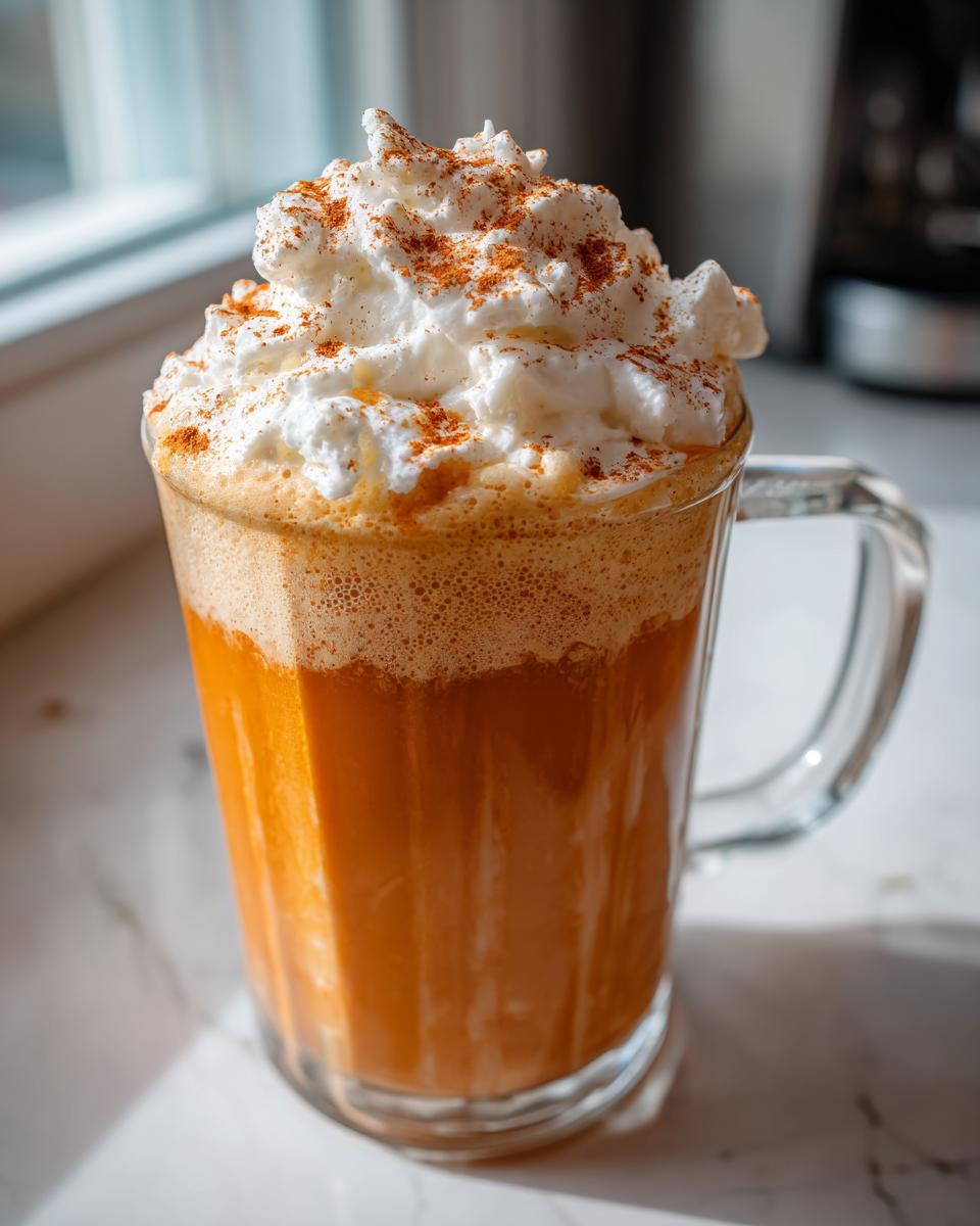 A tall glass mug filled with a rich orange pumpkin spice latte, topped high with whipped cream and sprinkled with cinnamon.