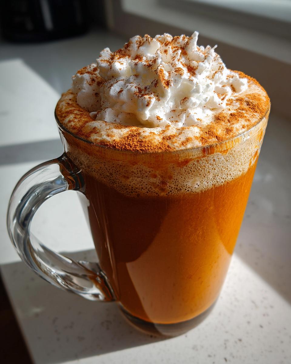 Close-up of a rich, orange pumpkin spice latte topped with whipped cream and cinnamon dusting.