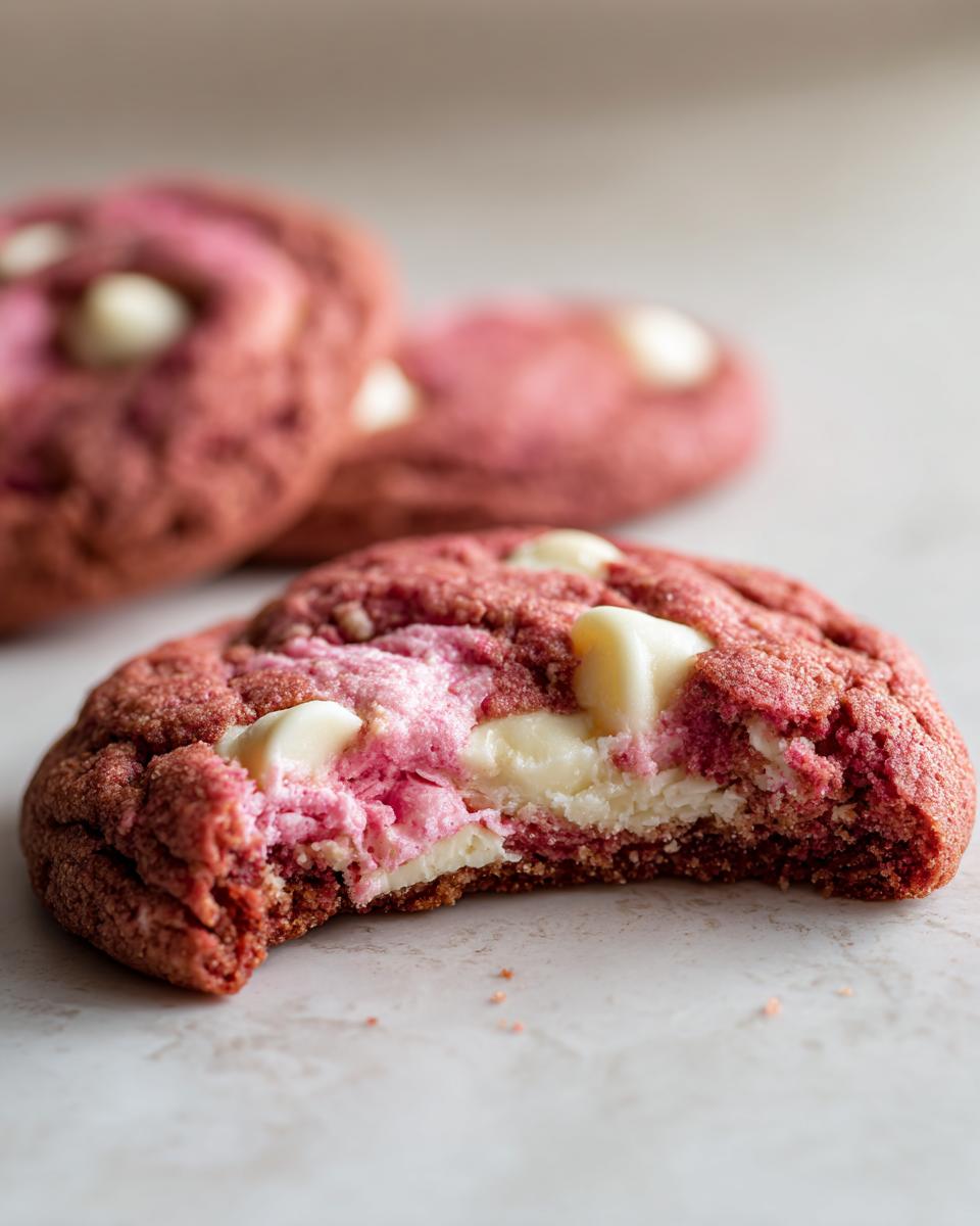 A close-up of a soft, pink raspberry cheesecake cookies with a bite taken out, revealing a gooey center and white chocolate chips.