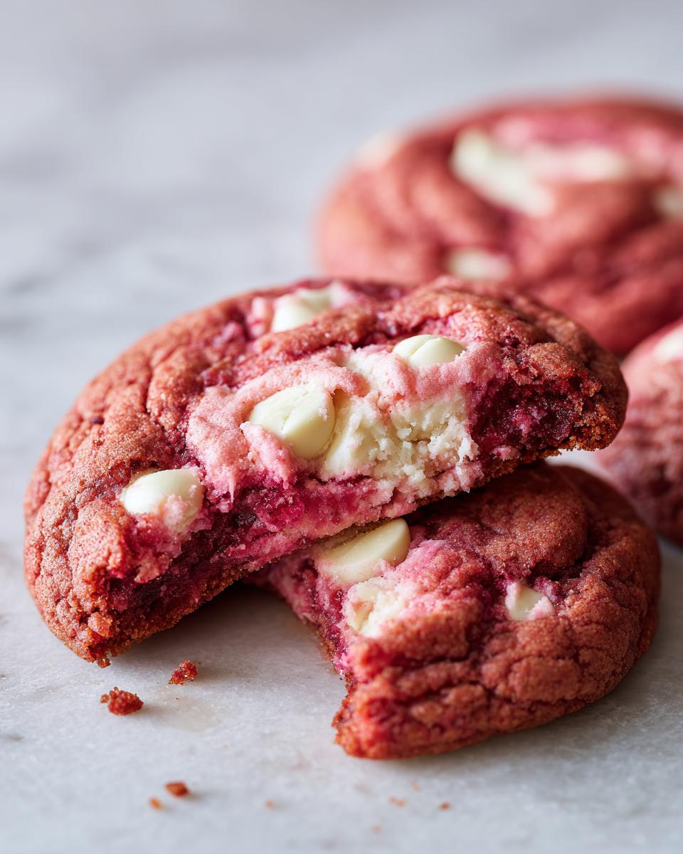 Close-up of a soft, red raspberry cheesecake cookies broken in half, showing a gooey center and white chocolate chips.