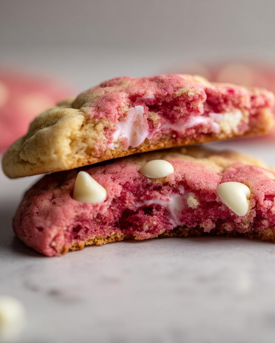 Close-up of two halves of a raspberry cheesecake cookie stacked, showing the soft pink interior and melted white chocolate chips.