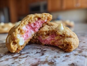 Close-up of a raspberry cheesecake cookie broken in half, showing the creamy pink filling and white chocolate chips.