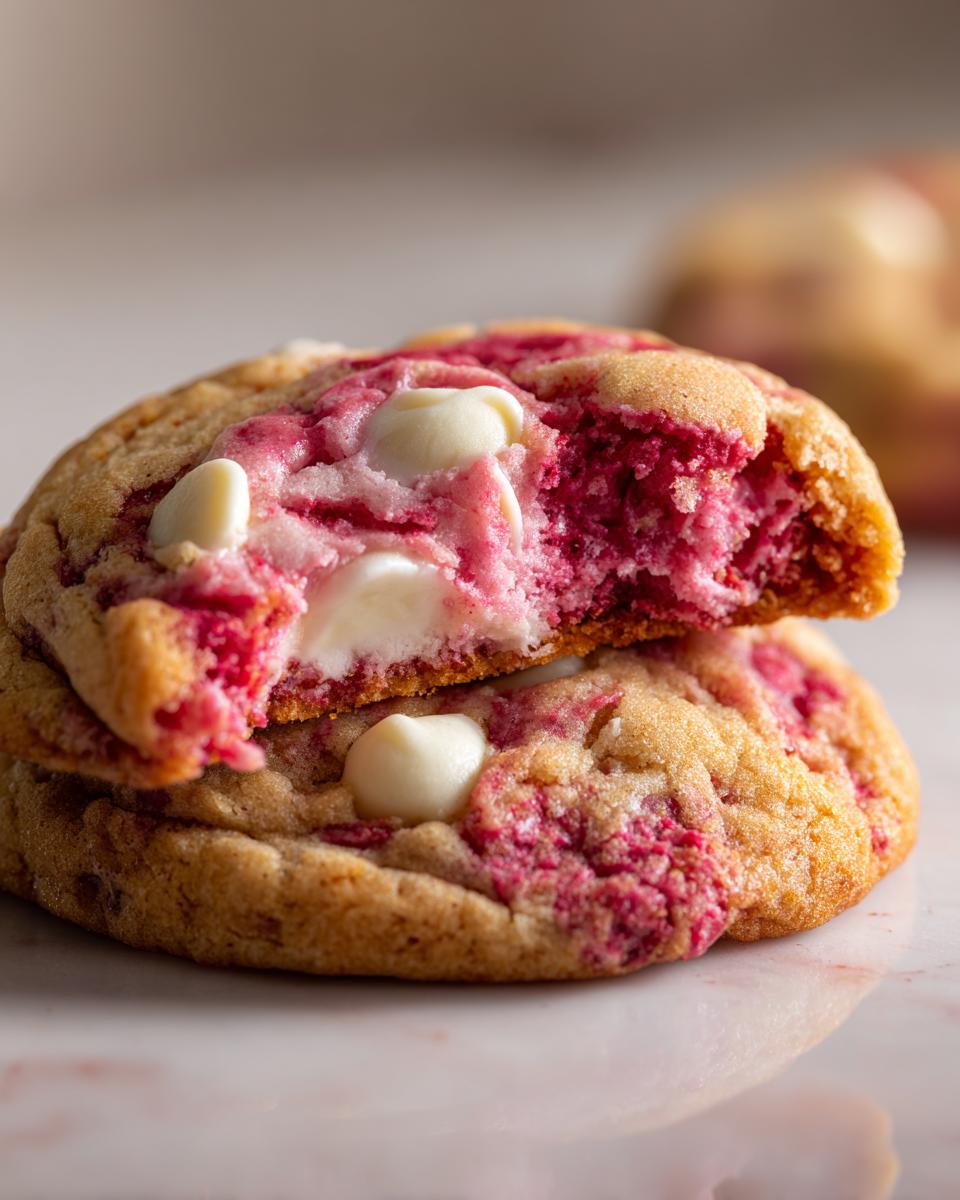Close-up of a raspberry cheesecake cookie broken in half, showing a soft, pink interior and melted white chocolate chips.