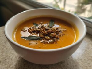 A close-up of creamy roasted butternut squash soup in a white bowl, topped with toasted pumpkin seeds and sage leaves.